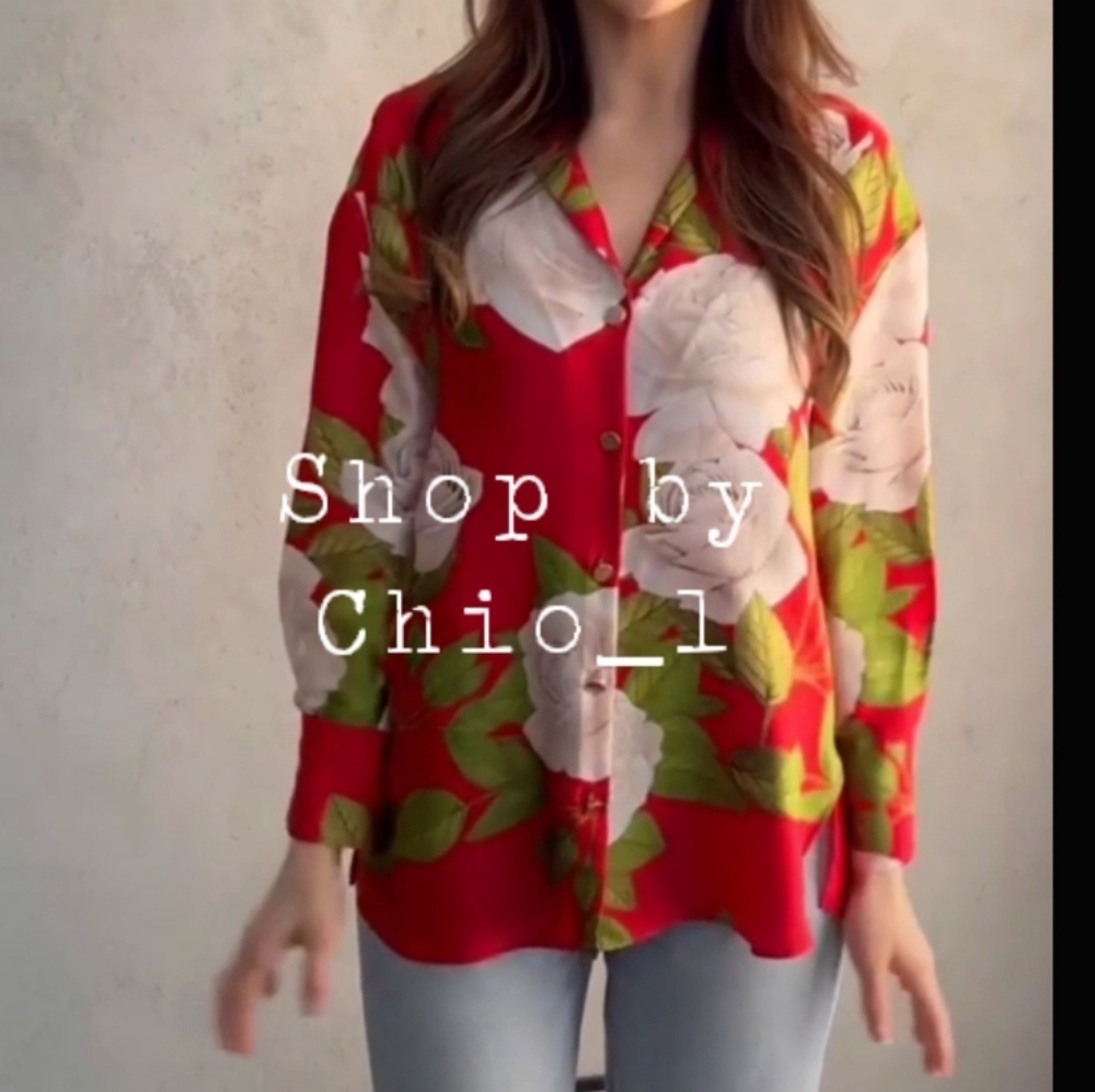 ZARA LONG PRINTED SHIRT Satin effect with V-neck color red Bloggers  Favorite - Picture 4 of 13